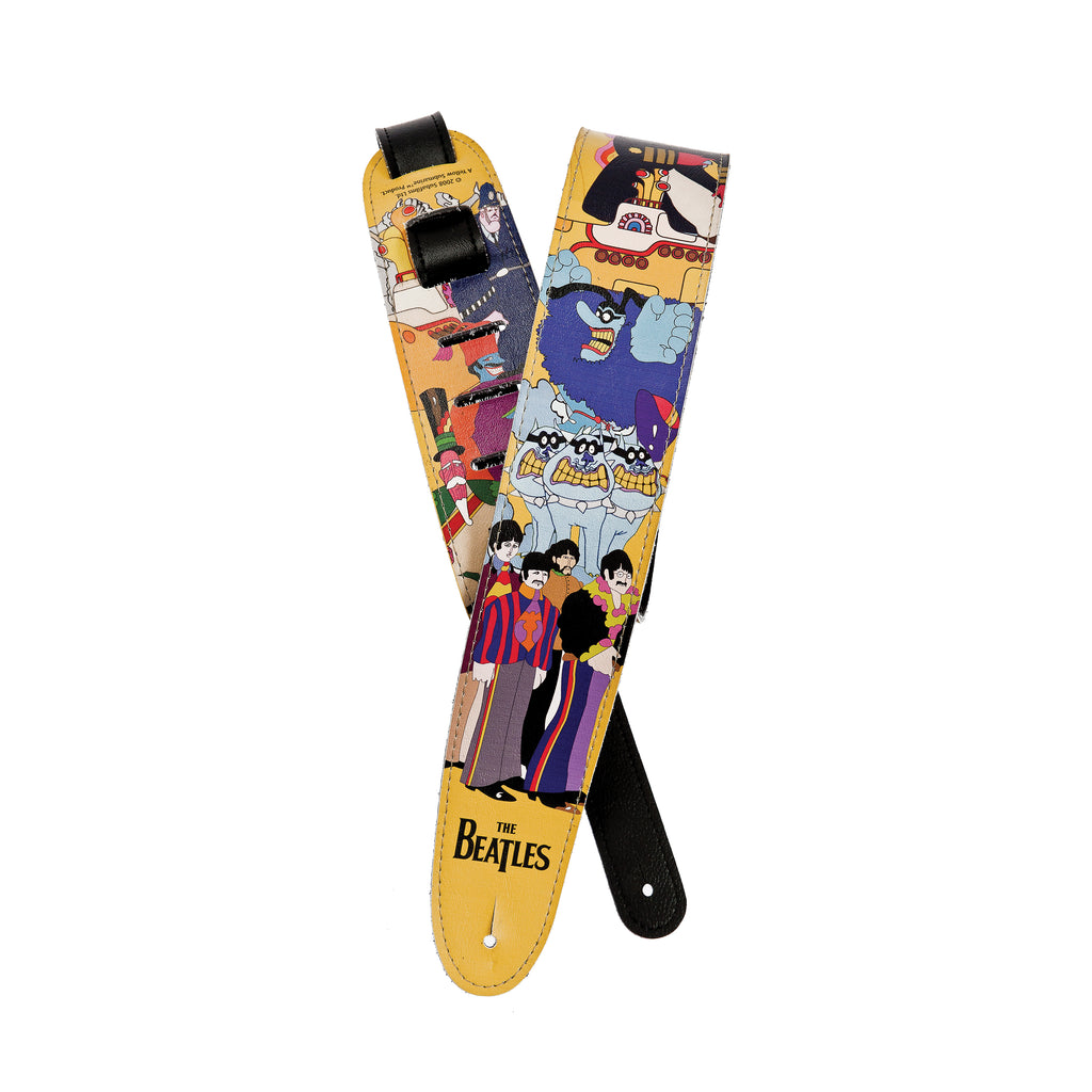 D'Addario 2.5-inch Beatles Yellow Submarine guitar strap featuring vibrant colors and iconic submarine design.