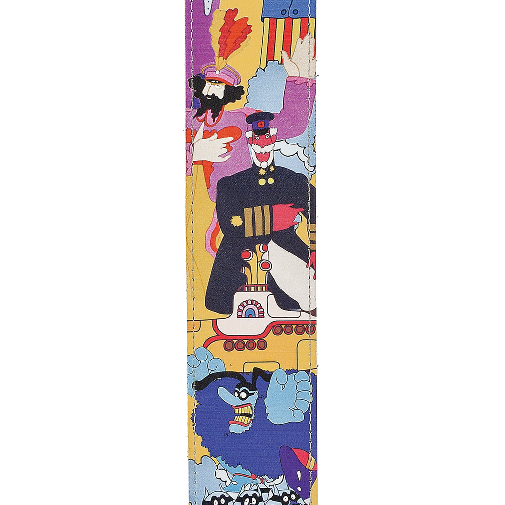 D'Addario 2.5" Beatles Yellow Submarine guitar strap featuring vibrant colors and iconic submarine design.