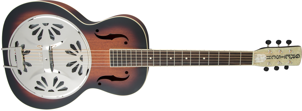 Gretsch G9220 Bobtail round neck resonator guitar in two-tone sunburst finish, ideal for folk and bluegrass music.