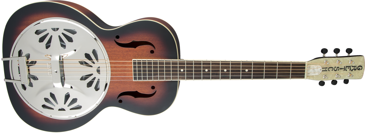 Gretsch G9220 Bobtail round neck resonator guitar in two-tone sunburst finish, ideal for folk and bluegrass music.