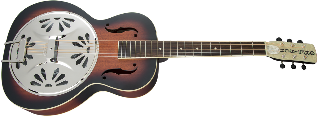 Gretsch G9220 Bobtail round neck resonator guitar in 2-color sunburst finish, showcasing its vintage-style metal resonator and wooden body.