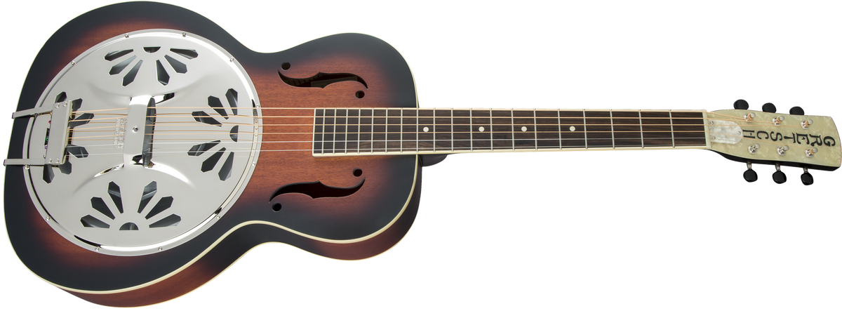 Gretsch G9220 Bobtail round neck resonator guitar in 2-color sunburst finish, showcasing its vintage-style metal resonator and wooden body.