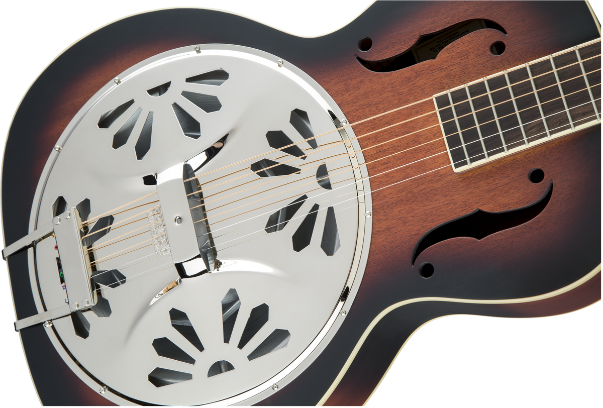 Gretsch G9220 Bobtail round neck resonator guitar in two-tone sunburst finish, showcasing its vintage folk and bluegrass style.