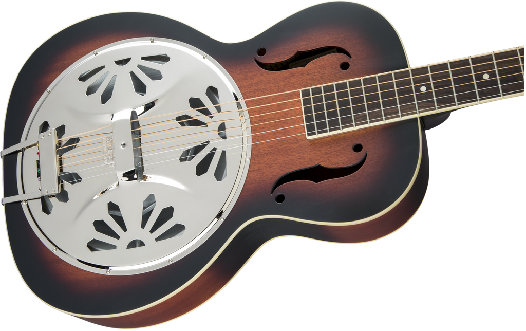 Gretsch G9220 Bobtail round neck resonator guitar in two-tone sunburst finish, designed for folk and bluegrass music.