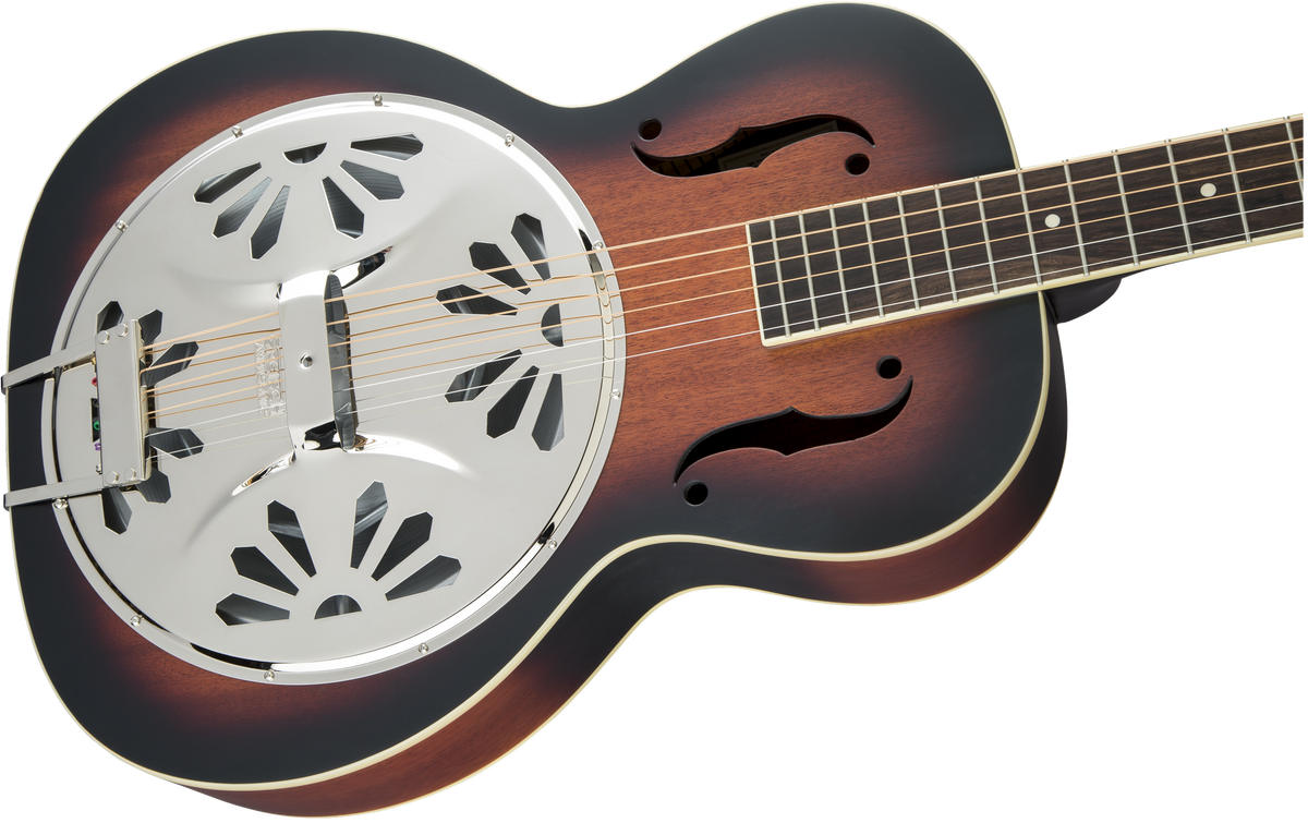 Gretsch G9220 Bobtail round neck resonator guitar in two-tone sunburst finish, designed for folk and bluegrass music.