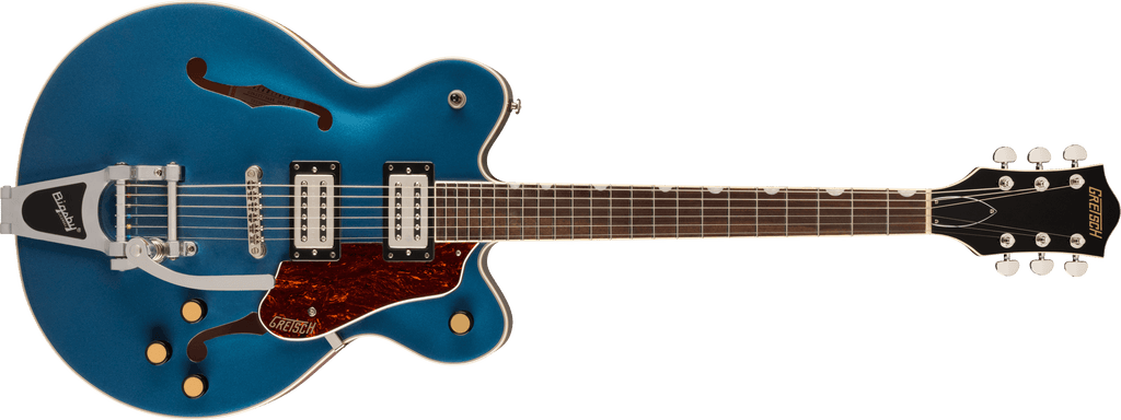 Gretsch G2622T Streamliner electric guitar with center block in dark denim finish, showing the guitar's body and pickups.