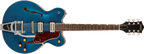 Gretsch G2622T Streamliner electric guitar with center block in dark denim finish, showing the guitar's body and pickups.