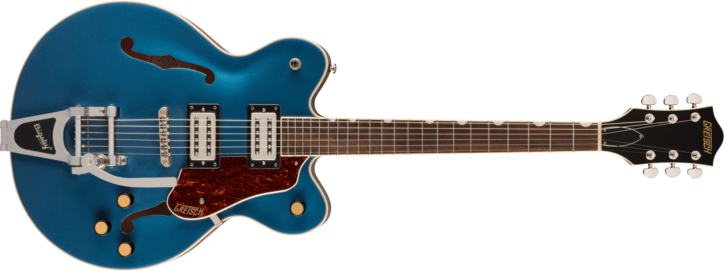 Gretsch G2622T Streamliner electric guitar with center block in dark denim finish, showing the guitar's body and pickups.