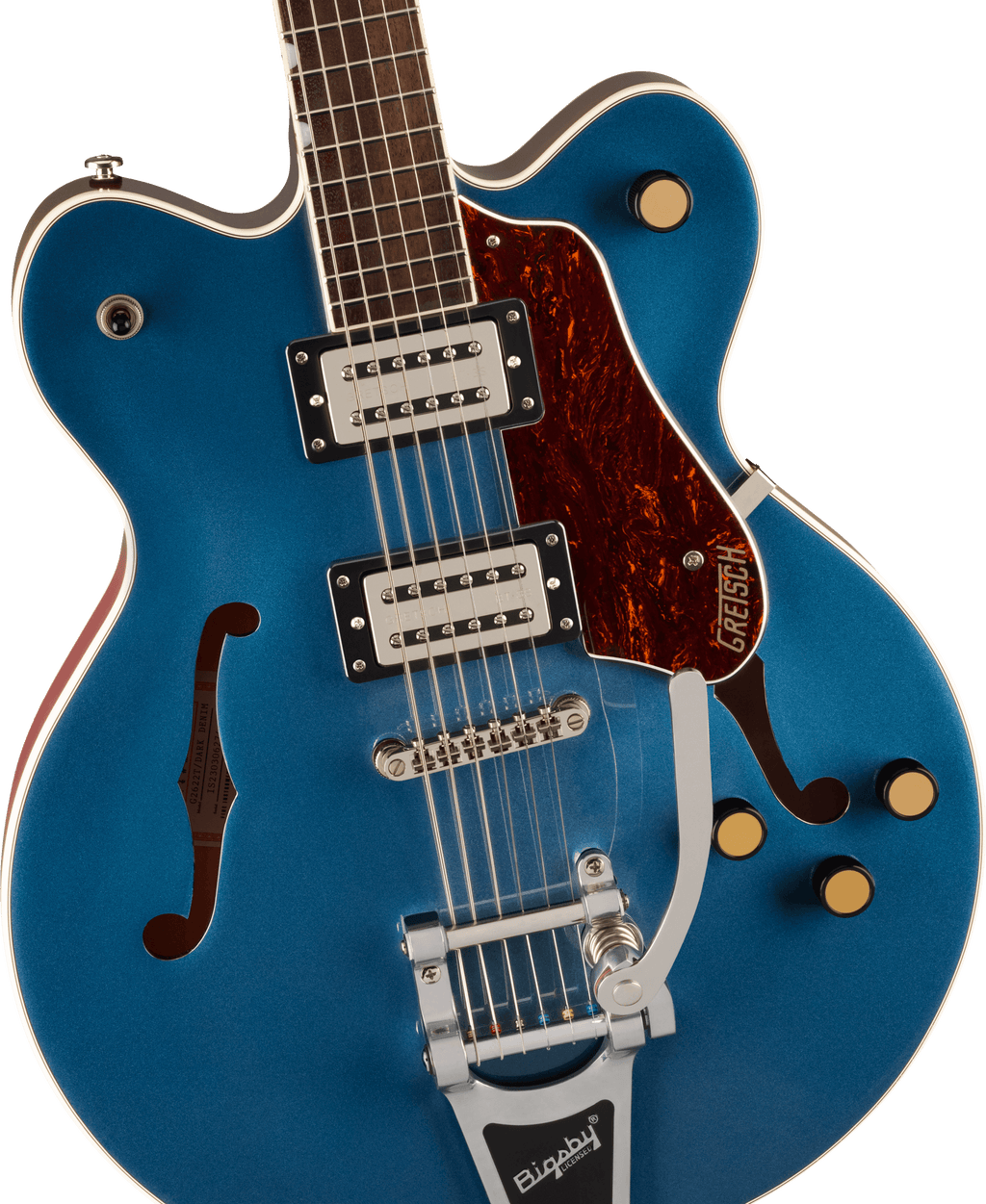 Gretsch G2622T Streamliner electric guitar in Dark Denim with dual humbuckers and center block design, showing the guitar's body and controls.