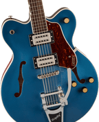 Gretsch G2622T Streamliner electric guitar in Dark Denim with dual humbuckers and center block design, showing the guitar's body and controls.