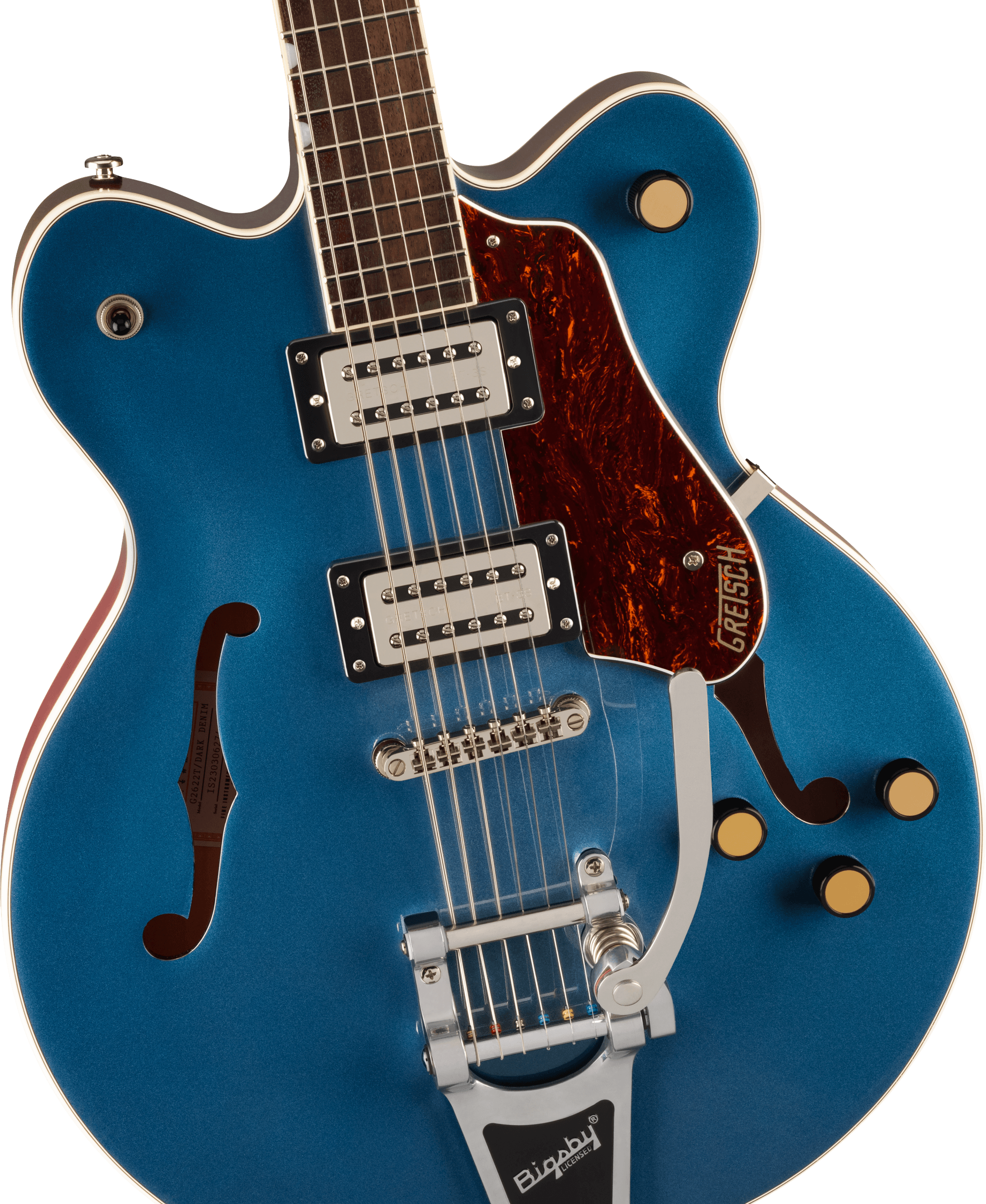 Gretsch G2622T Streamliner electric guitar in Dark Denim with dual humbuckers and center block design, showing the guitar's body and controls.