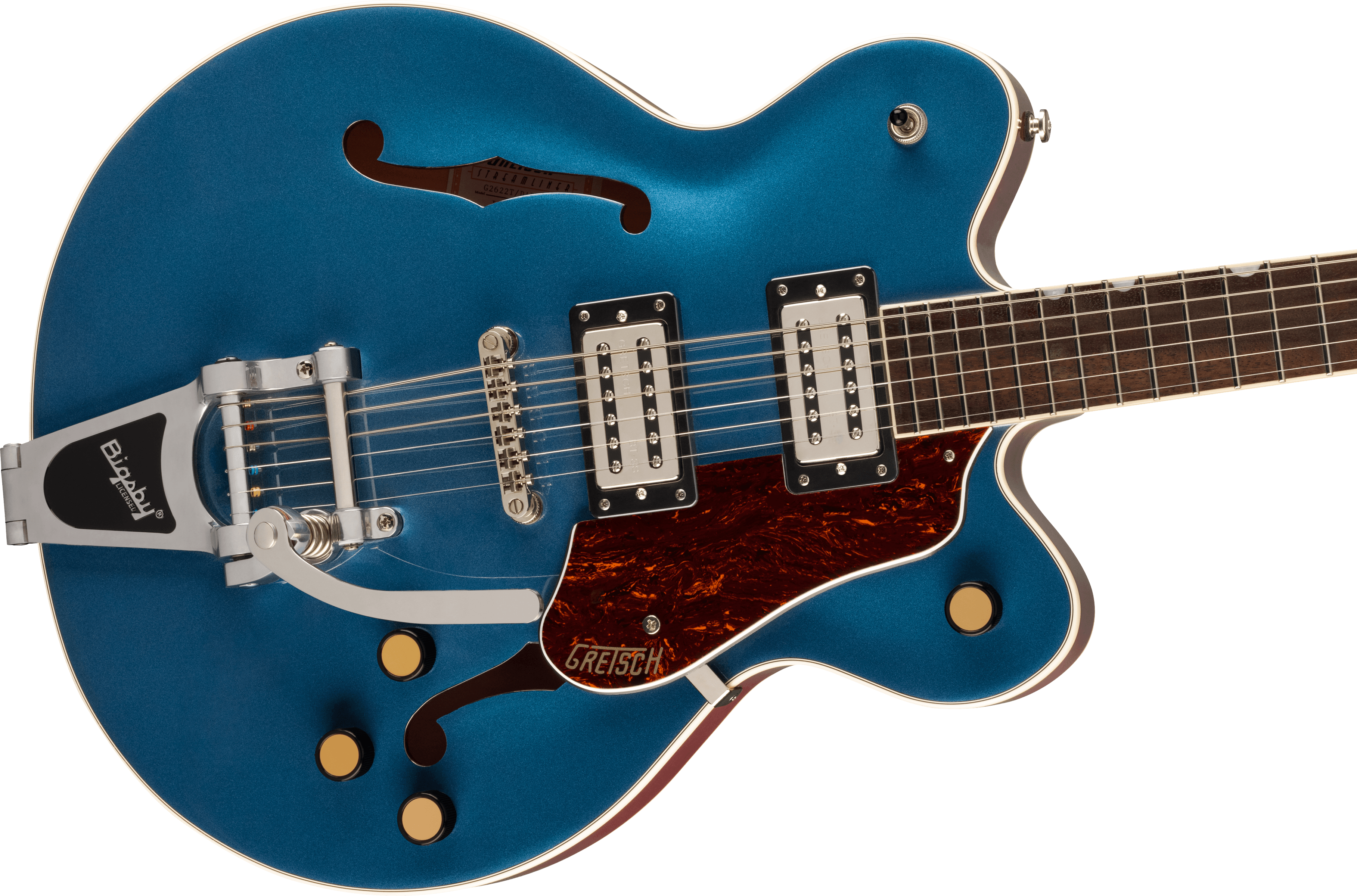 Gretsch G2622T Streamliner Center Block electric guitar in Dark Denim finish with dual humbucker pickups and chrome hardware.