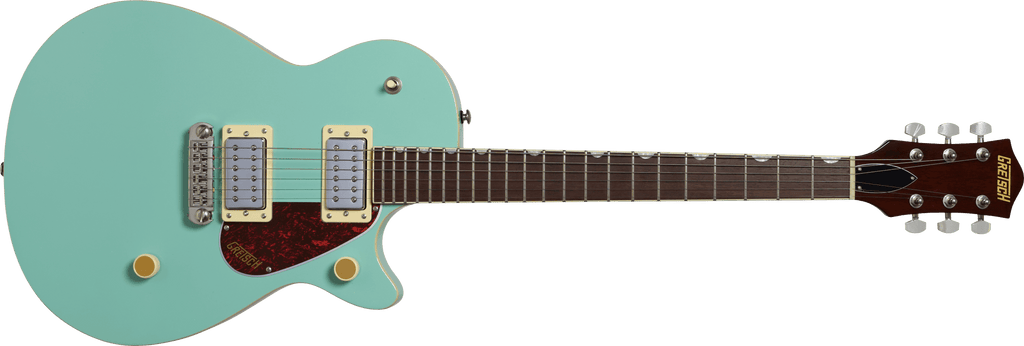Gretsch Streamliner Jet Club electric guitar with mint metallic finish, single-cut design, wraparound bridge, and laurel fretboard.
