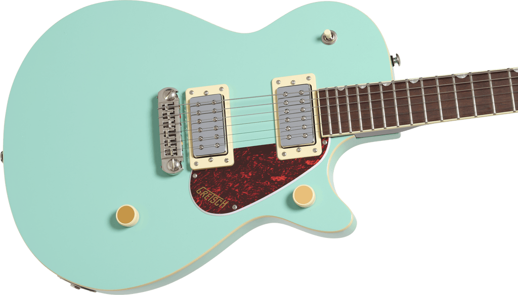 Gretsch Streamliner Jet Club electric guitar with mint metallic finish, single-cut design, wraparound bridge, and laurel fretboard.