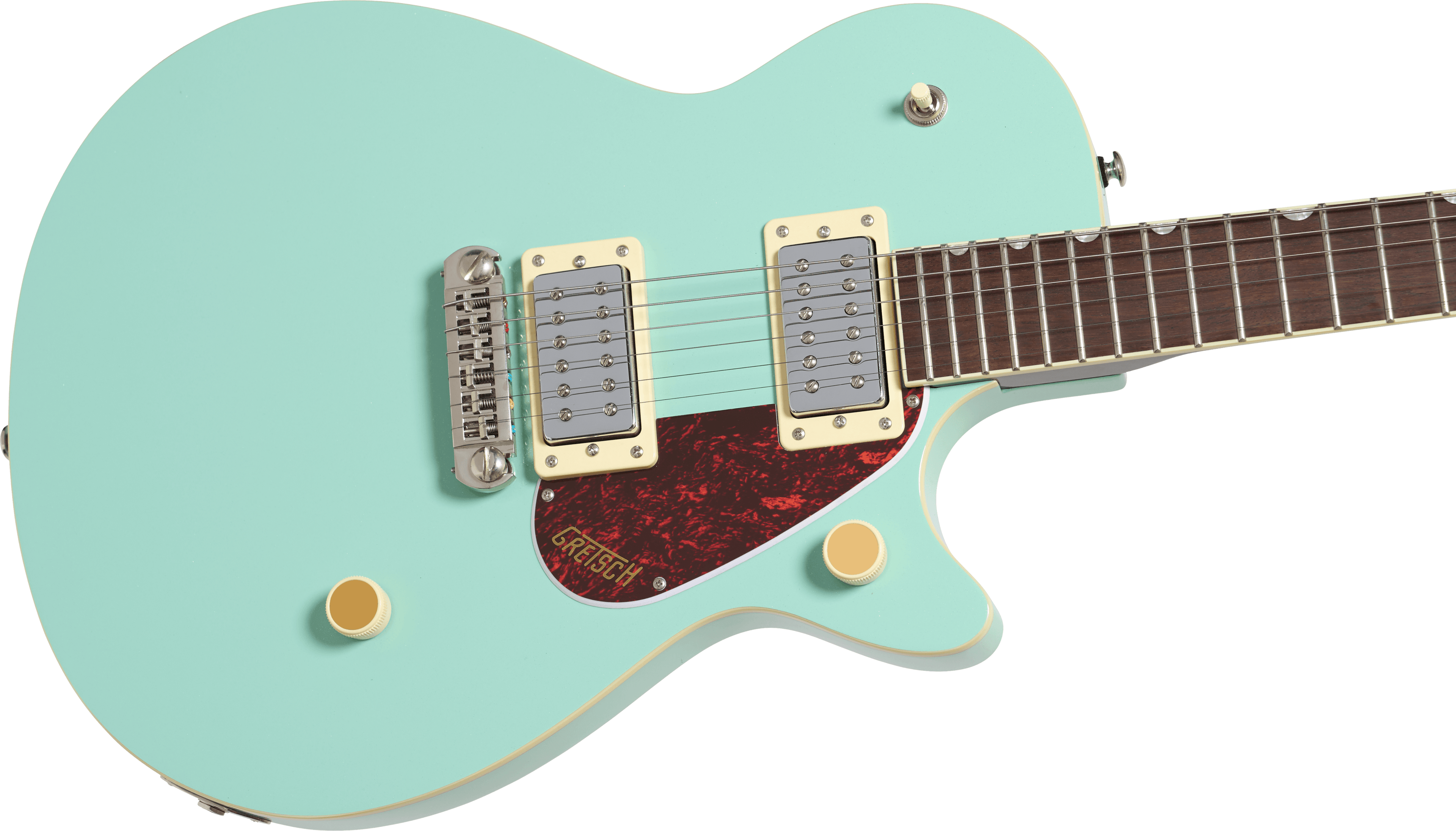 Gretsch Streamliner Jet Club electric guitar with mint metallic finish, single-cut design, wraparound bridge, and laurel fretboard.