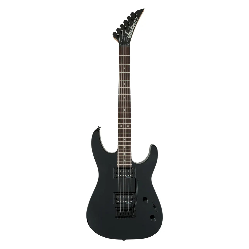 Jackson JS Dinky JS11 electric guitar with amaranth fingerboard in glossy black finish, showcasing its sleek body and hardware.