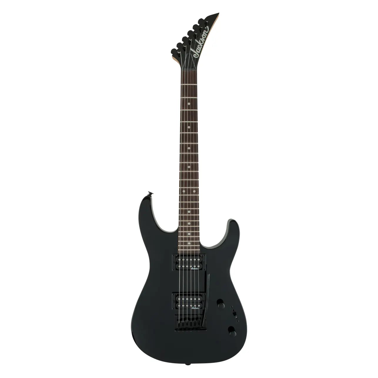 Jackson JS Dinky JS11 electric guitar with amaranth fingerboard in glossy black finish, showcasing its sleek body and hardware.