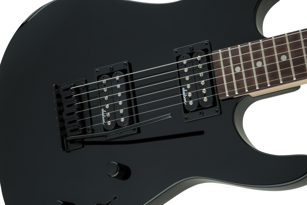 Jackson JS Dinky JS11 electric guitar with amaranth fretboard in glossy black finish, showcasing its sleek body and hardware details.