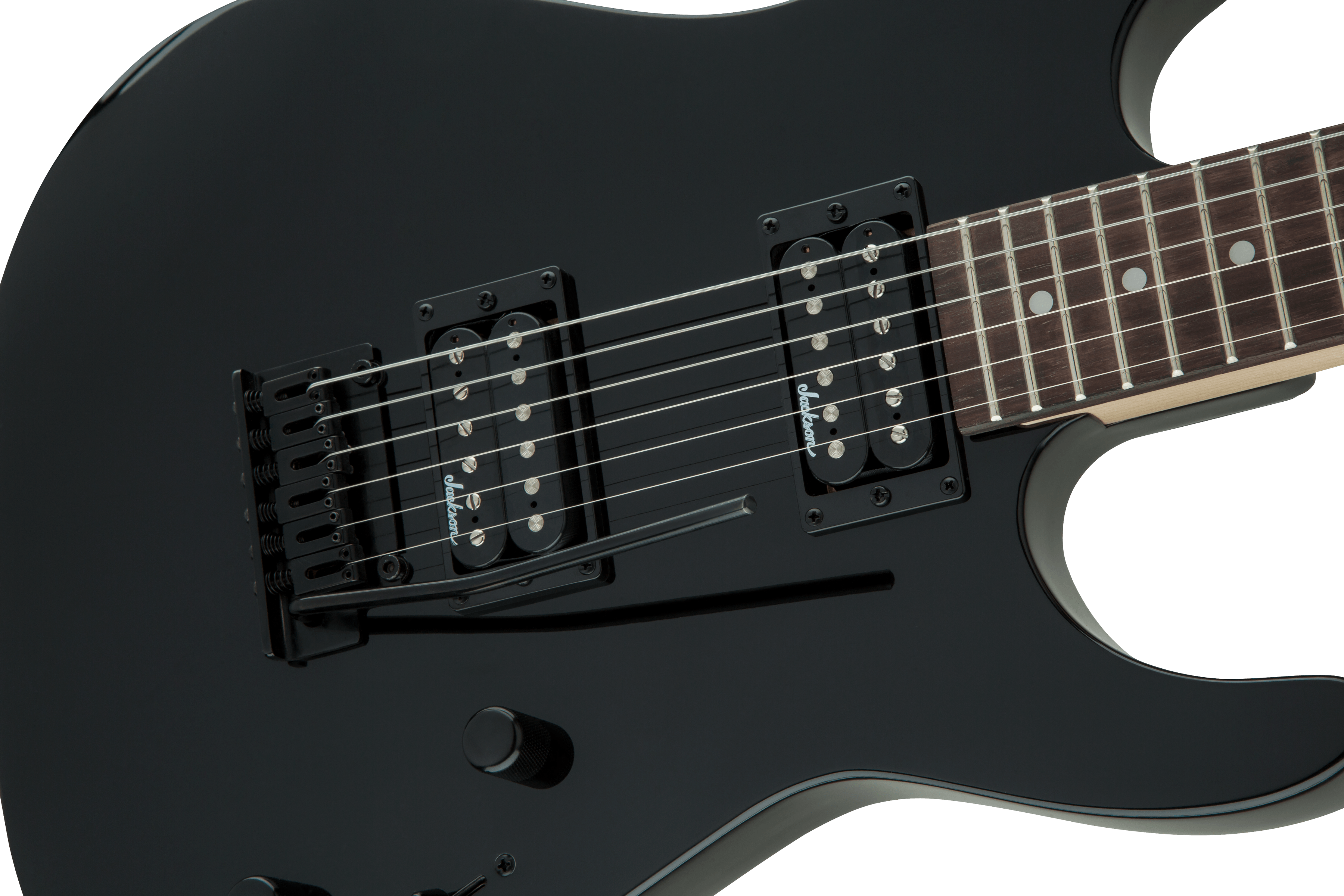 Jackson JS Dinky JS11 electric guitar with amaranth fretboard in glossy black finish, showcasing its sleek body and hardware details.