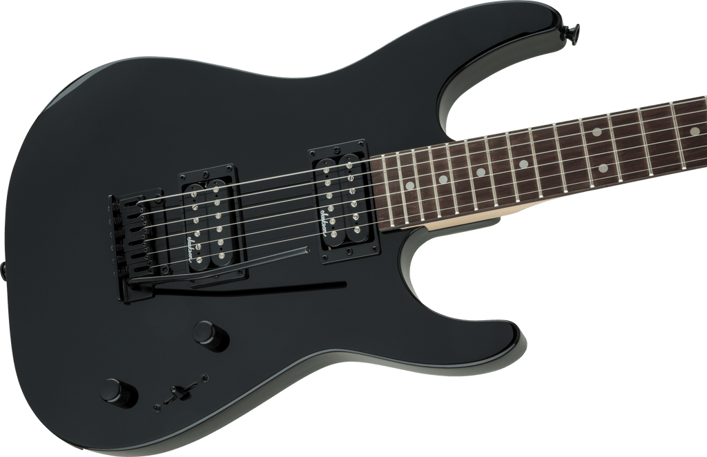 Jackson JS Dinky JS11 electric guitar with amaranth fingerboard in glossy black finish, showcasing its sleek design and hardware.