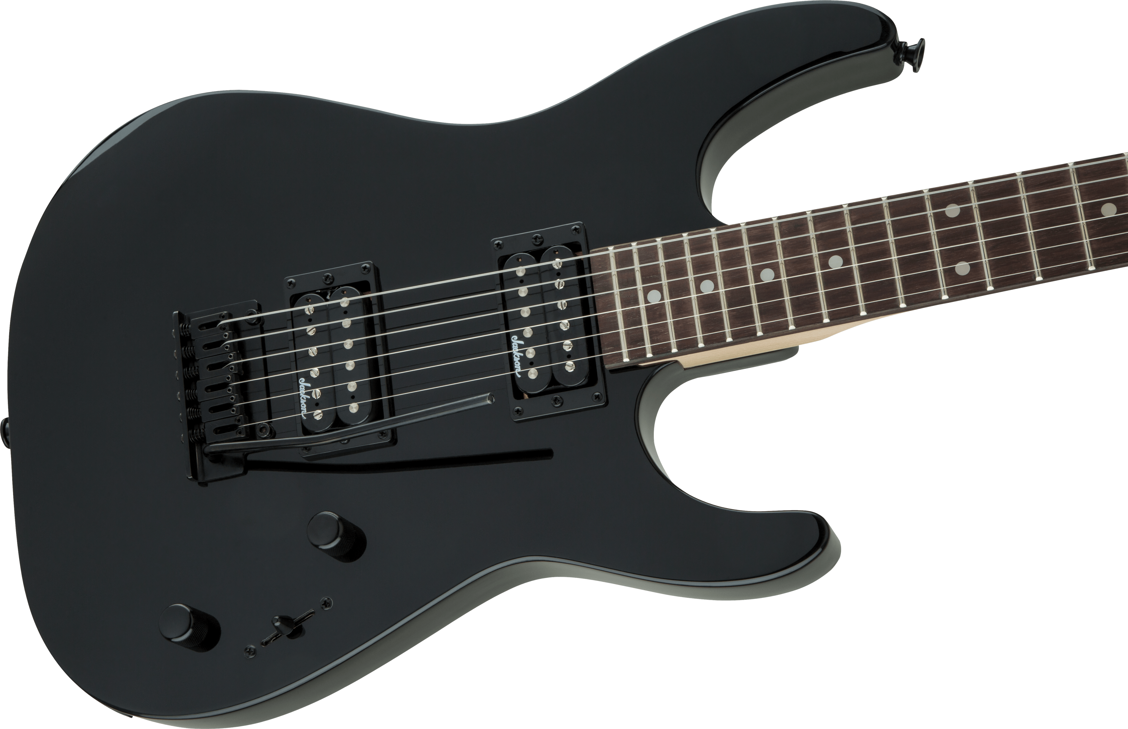 Jackson JS Dinky JS11 electric guitar with amaranth fingerboard in glossy black finish, showcasing its sleek design and hardware.