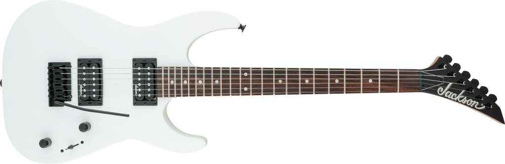 Jackson JS11 Dinky electric guitar in snow white with a sleek body and six strings, designed for versatile playing.