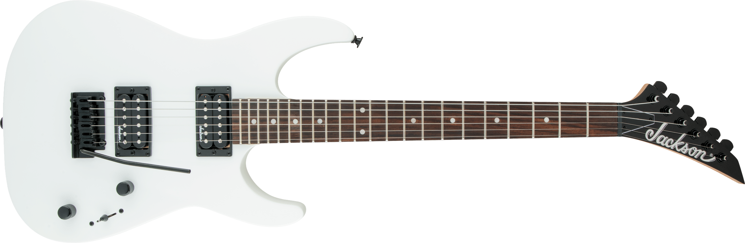Jackson JS11 Dinky electric guitar in snow white with a sleek body and six strings, designed for versatile playing.