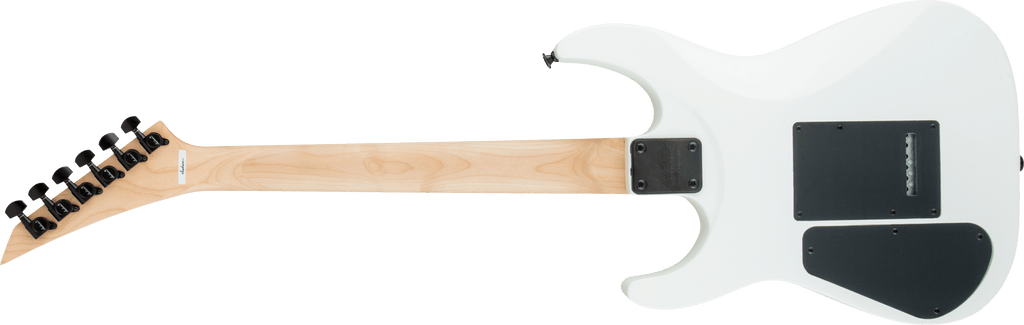 Jackson JS11 Dinky electric guitar in snow white with a sleek body and six strings, showcasing its modern design and hardware.