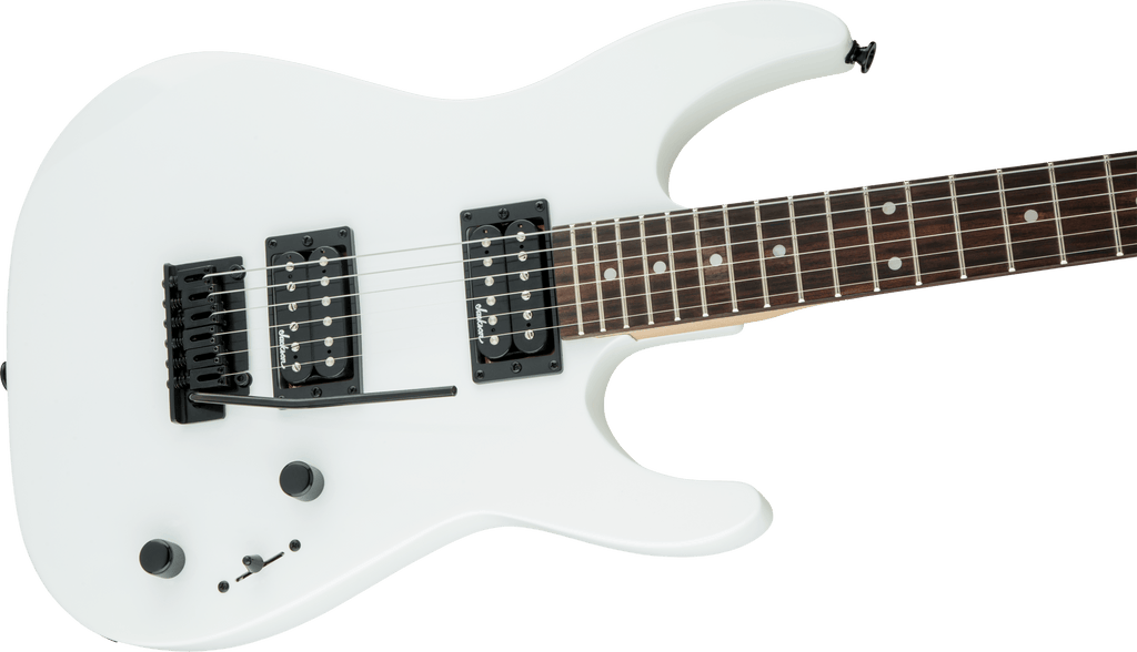 Jackson JS11 Dinky electric guitar in snow white with a sleek solid body, maple neck, and black hardware.