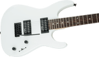 Jackson JS11 Dinky electric guitar in snow white with a sleek solid body, maple neck, and black hardware.