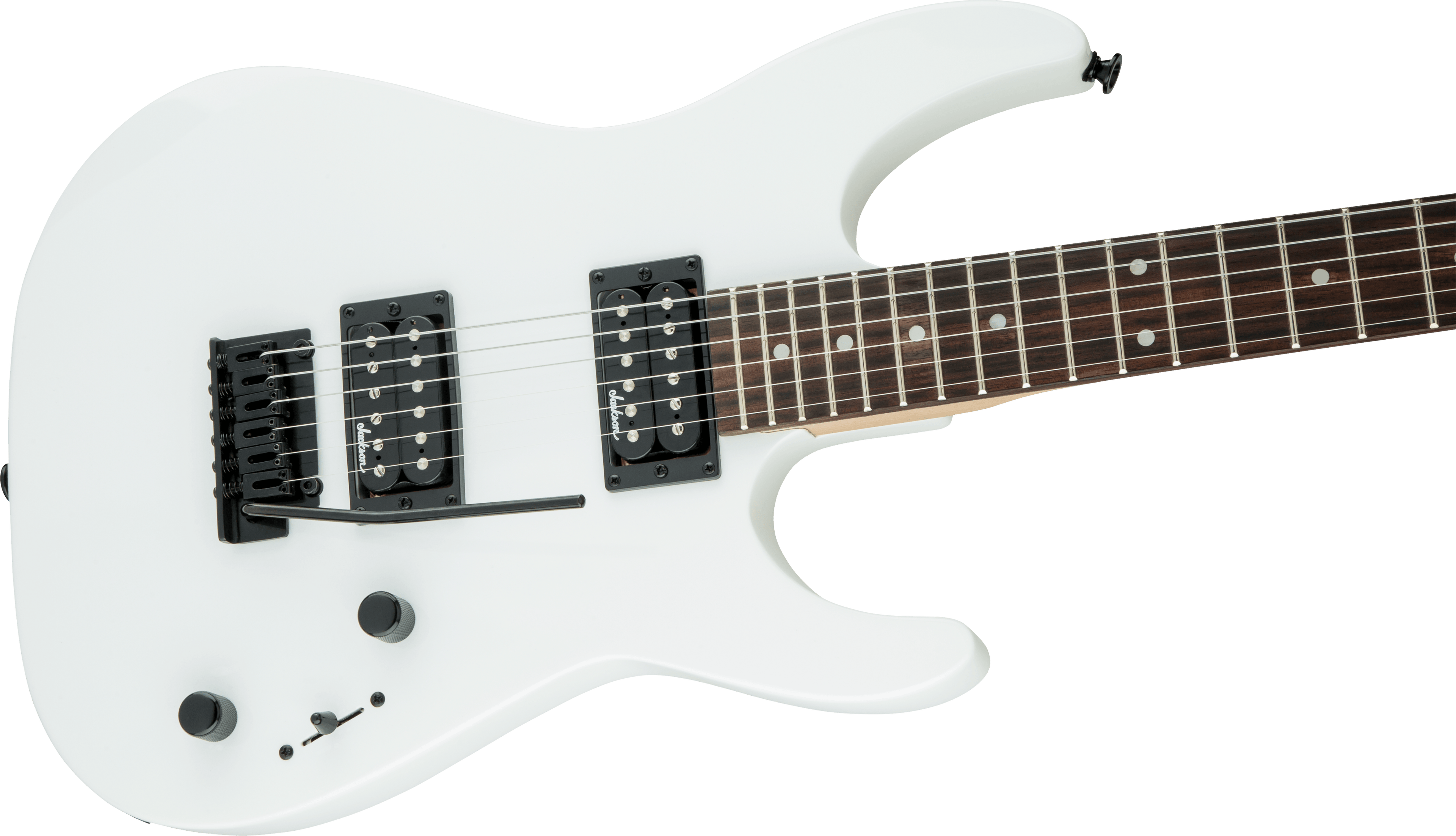 Jackson JS11 Dinky electric guitar in snow white with a sleek solid body, maple neck, and black hardware.