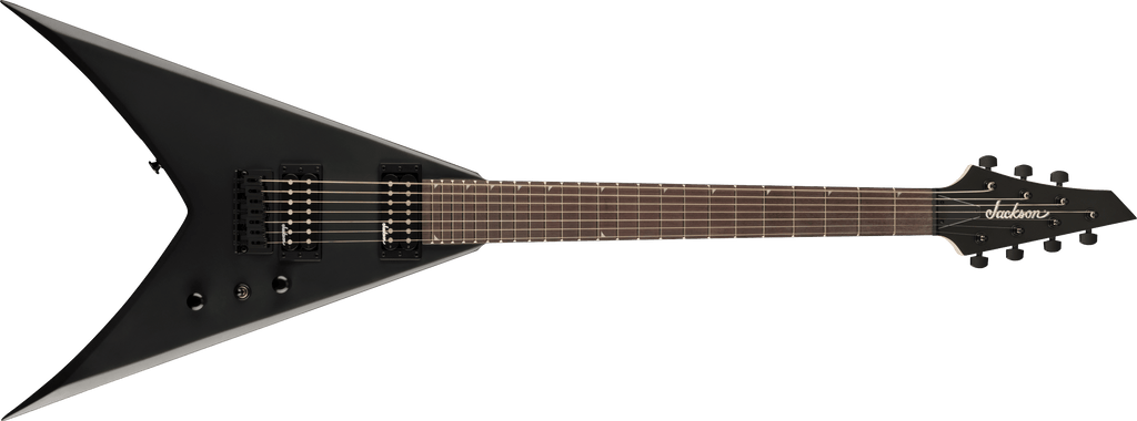 Jackson JS Series King V JS22-7 KV HT electric guitar in satin black with double-cutaway body and seven-string design.