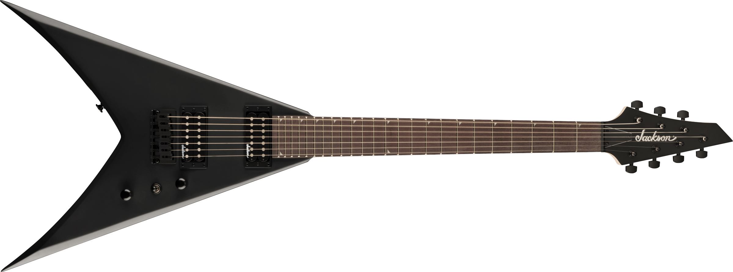 Jackson JS Series King V JS22-7 KV HT electric guitar in satin black with double-cutaway body and seven-string design.