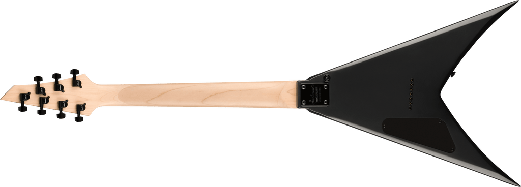 Jackson JS Series King V JS22-7 KV HT electric guitar in satin black with pointed V body, six strings, and chrome hardware.