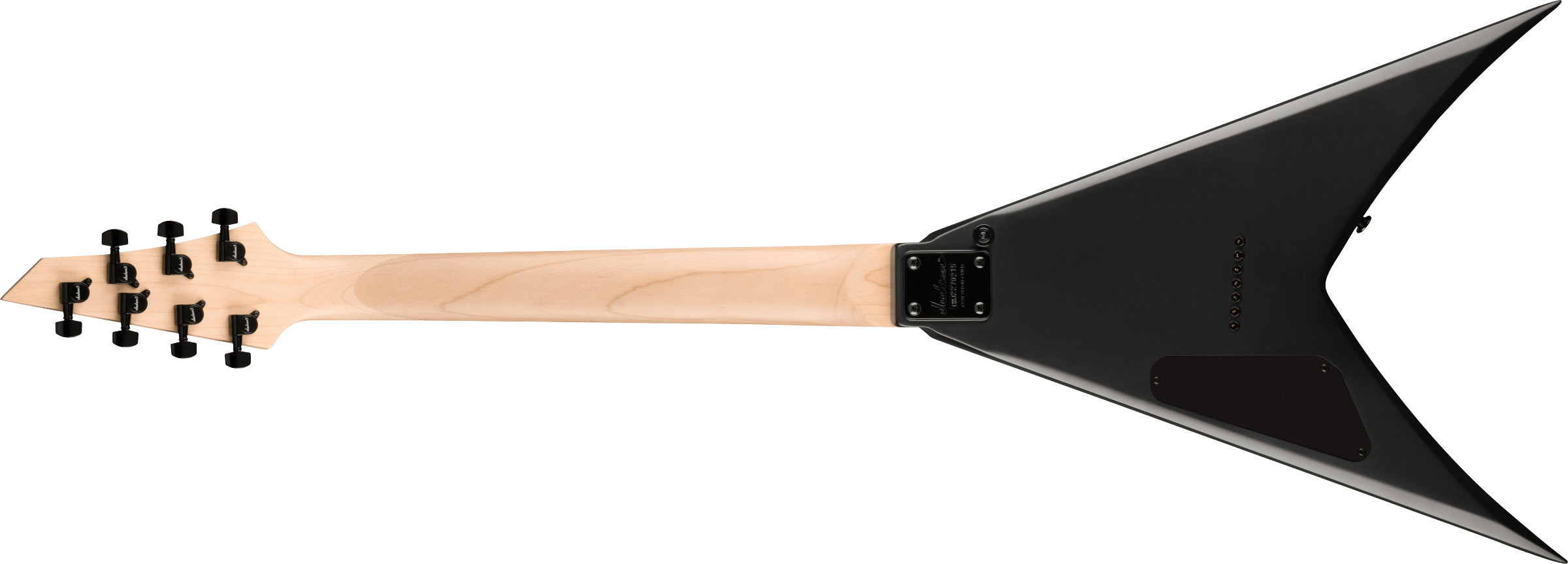 Jackson JS Series King V JS22-7 KV HT electric guitar in satin black with pointed V body, six strings, and chrome hardware.