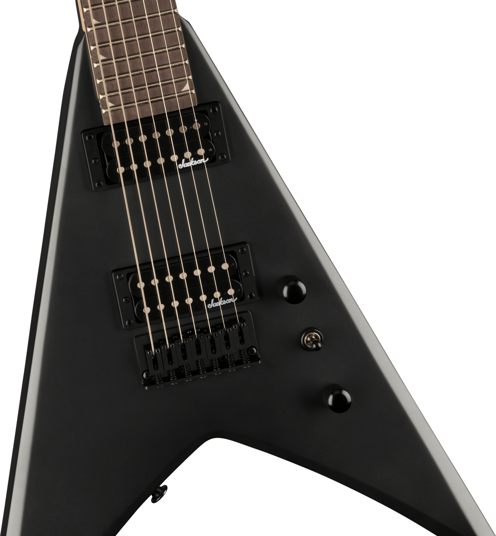 Jackson JS Series King V JS22-7 KV HT electric guitar in satin black with dual humbucking pickups and sleek V-shaped body.