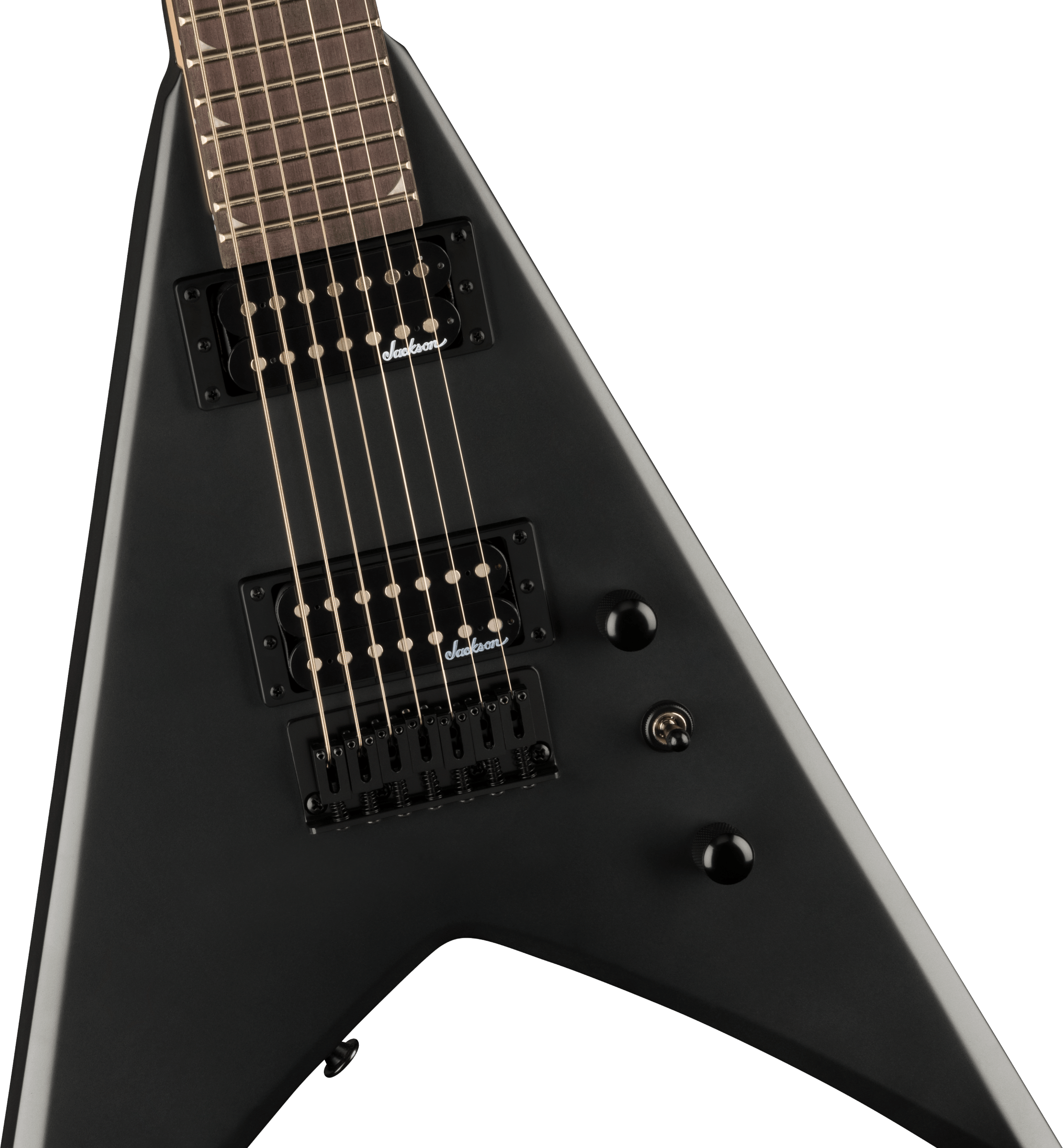 Jackson JS Series King V JS22-7 KV HT electric guitar in satin black with dual humbucking pickups and sleek V-shaped body.