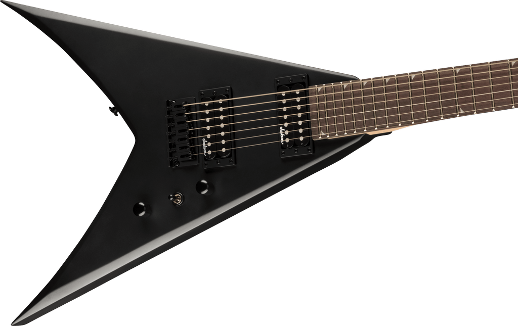 Jackson JS22-7 King V electric guitar in satin black with sleek body and dual humbucking pickups.