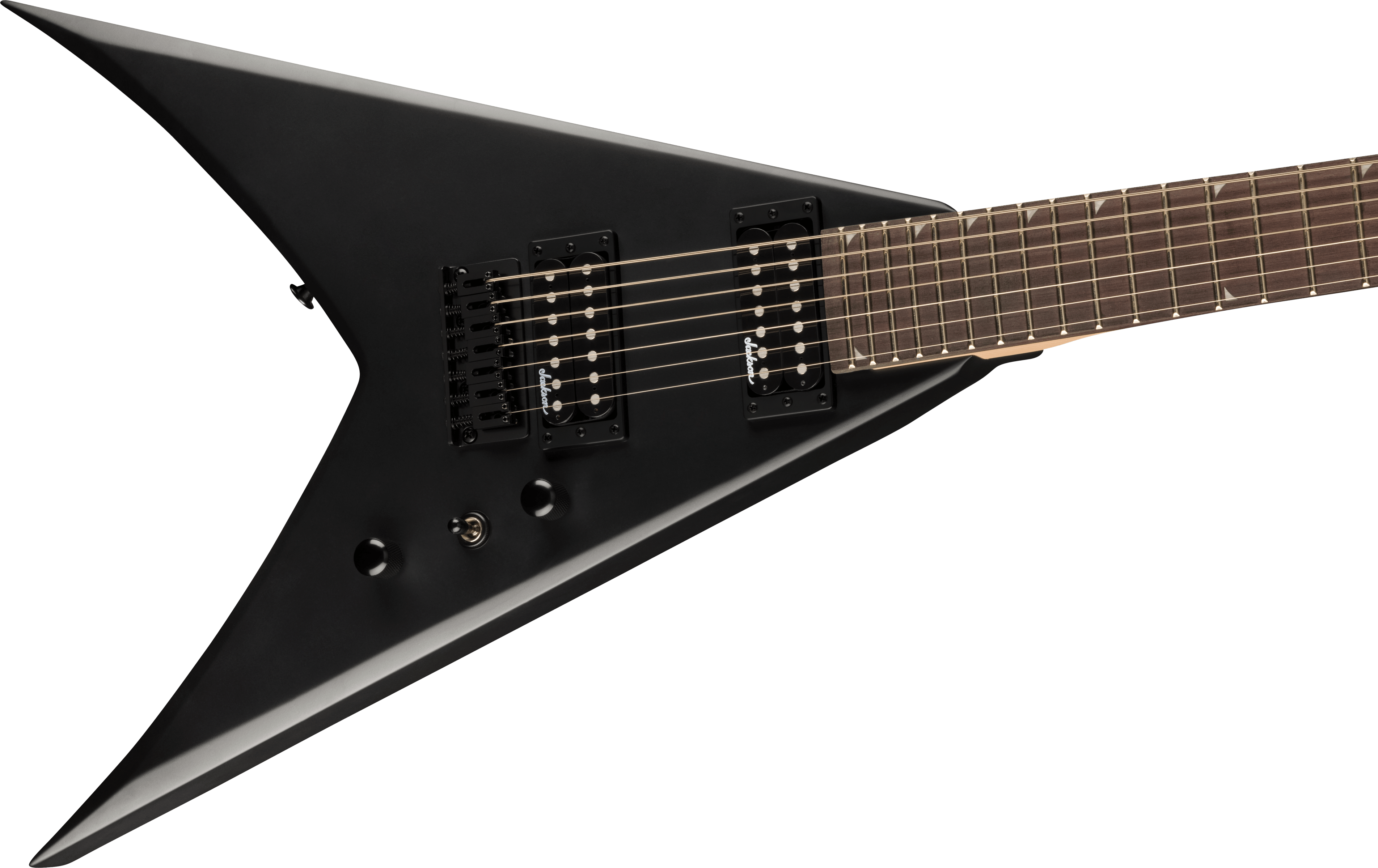 Jackson JS22-7 King V electric guitar in satin black with sleek body and dual humbucking pickups.