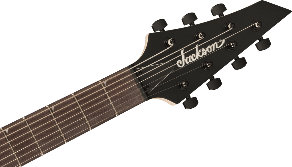 Jackson JS Series King V JS22-7 KV HT electric guitar in satin black with pointed V-shaped body and dual humbucker pickups.