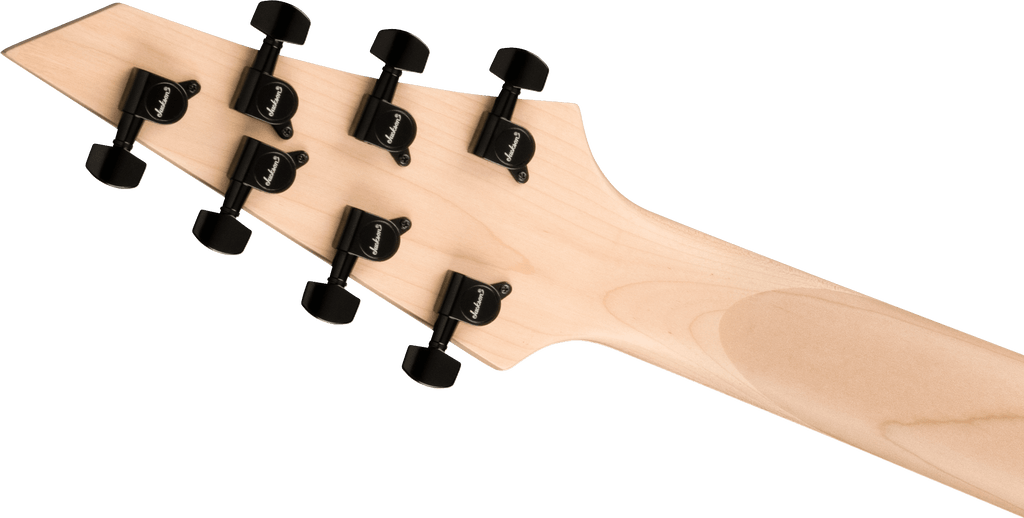 Jackson JS Series King V JS22-7 KV HT electric guitar in satin black, featuring a sleek V-shaped body and dual humbucker pickups.
