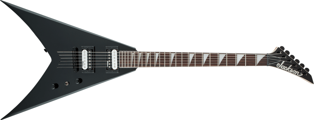 Jackson JS32T King V electric guitar with black gloss finish and amaranth fingerboard, showcasing its sleek, angular design.