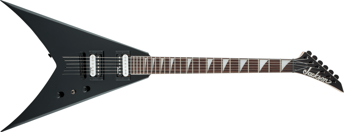 Jackson JS32T King V electric guitar with black gloss finish and amaranth fingerboard, showcasing its sleek, angular design.