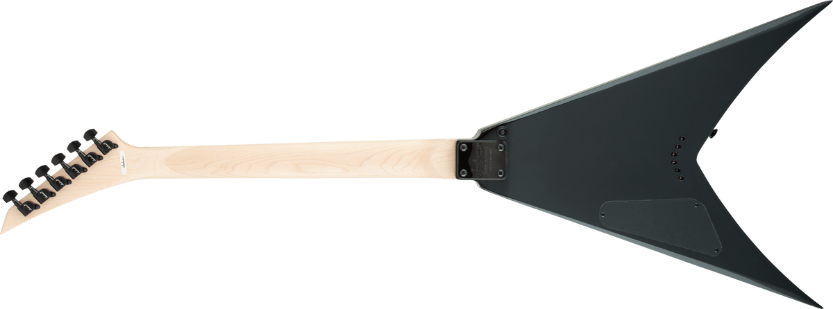 Jackson JS32T King V electric guitar with Amaranth fingerboard in glossy black finish, showcasing its sleek body and pointed design.