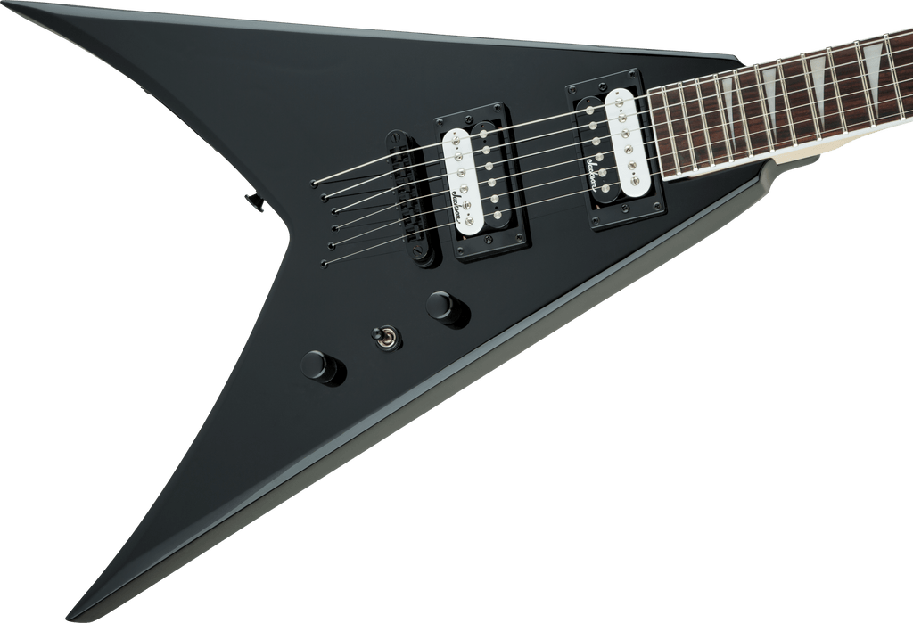 Jackson JS32T King V electric guitar with amaranth fingerboard in glossy black finish, showcasing its sleek body and modern design.