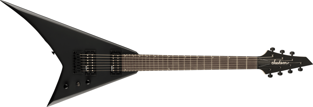 Jackson JS Rhoads JS22-7 RR HT satin black electric guitar with pointed body and dual humbucker pickups.