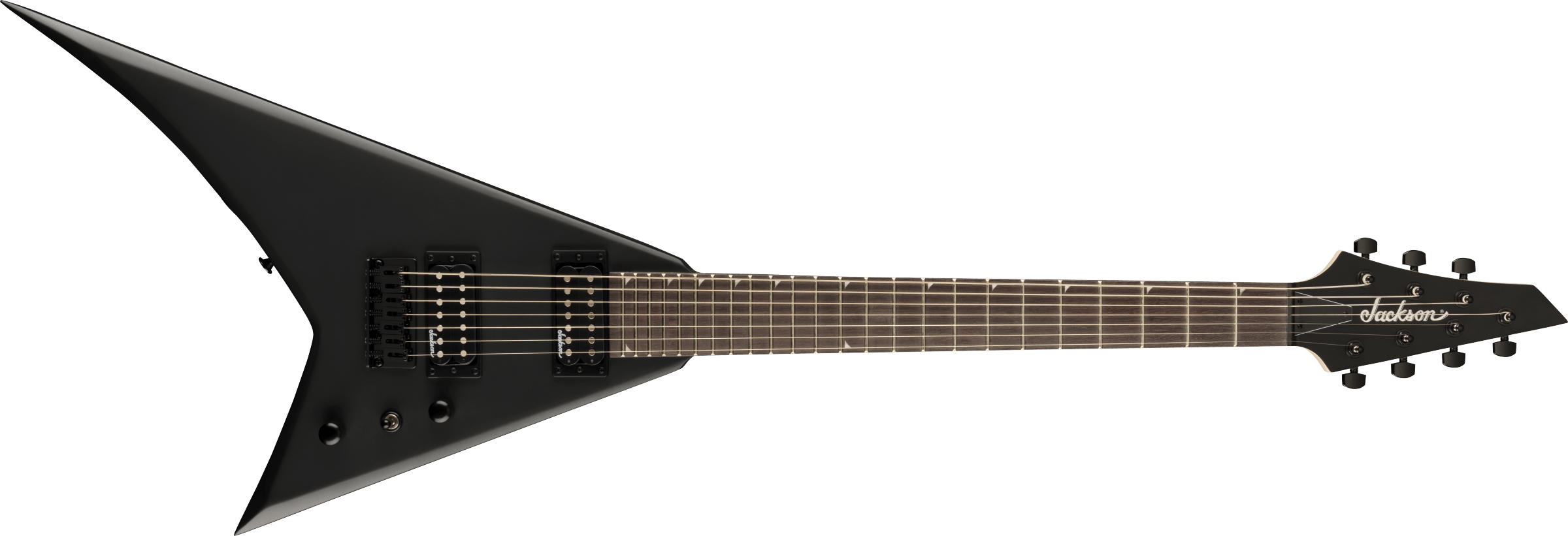 Jackson JS Rhoads JS22-7 RR HT satin black electric guitar with pointed body and dual humbucker pickups.