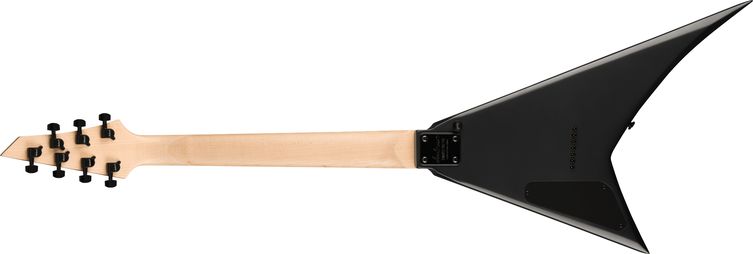 Jackson JS Rhoads JS22-7 RR HT satin black electric guitar with sleek body, 7-string design, and black hardware.