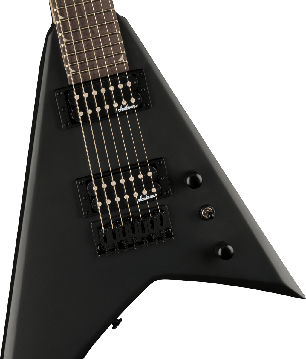 Jackson JS Rhoads JS22-7 RR HT satin black electric guitar with sleek body and six strings, displayed against a neutral background.