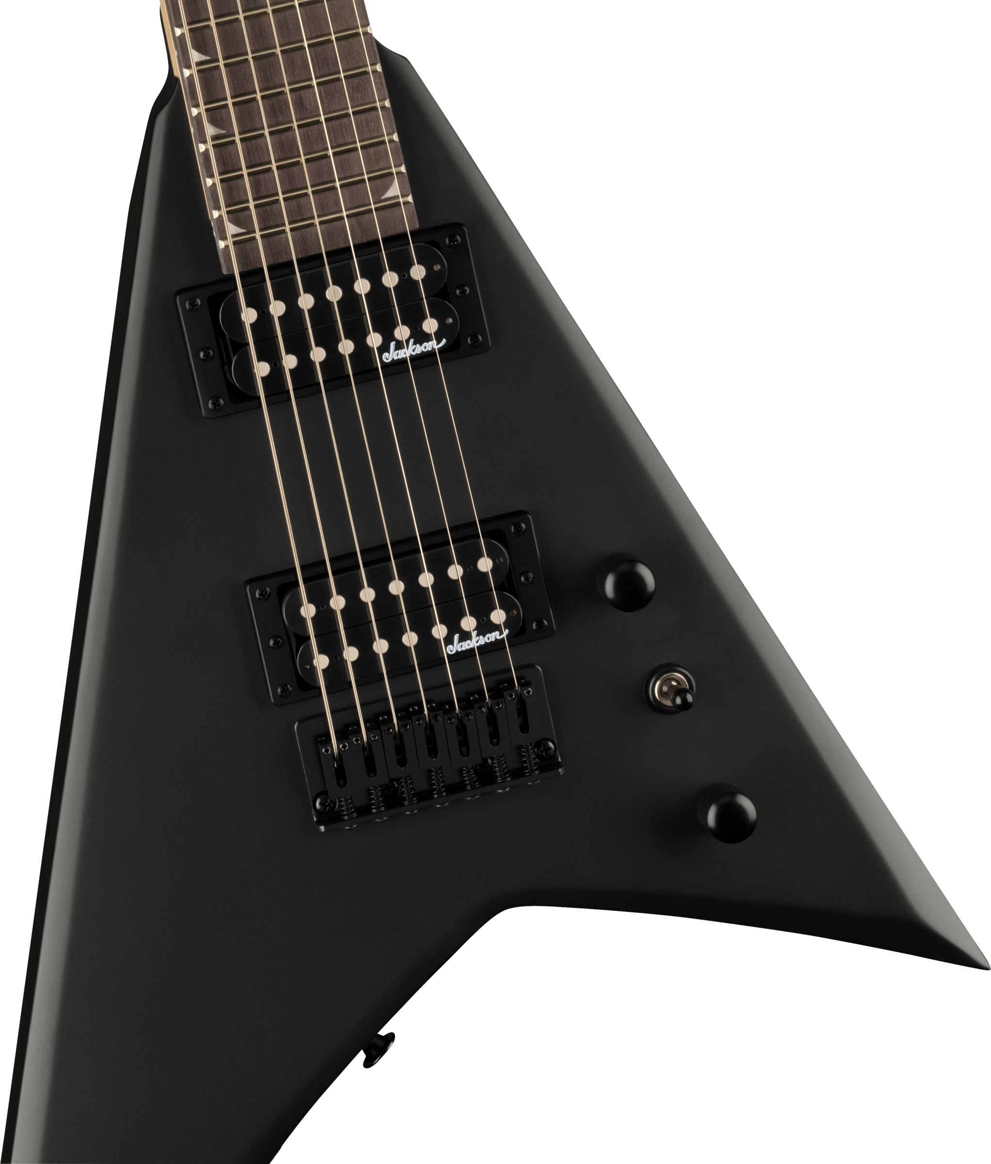 Jackson JS Rhoads JS22-7 RR HT satin black electric guitar with sleek body and six strings, displayed against a neutral background.